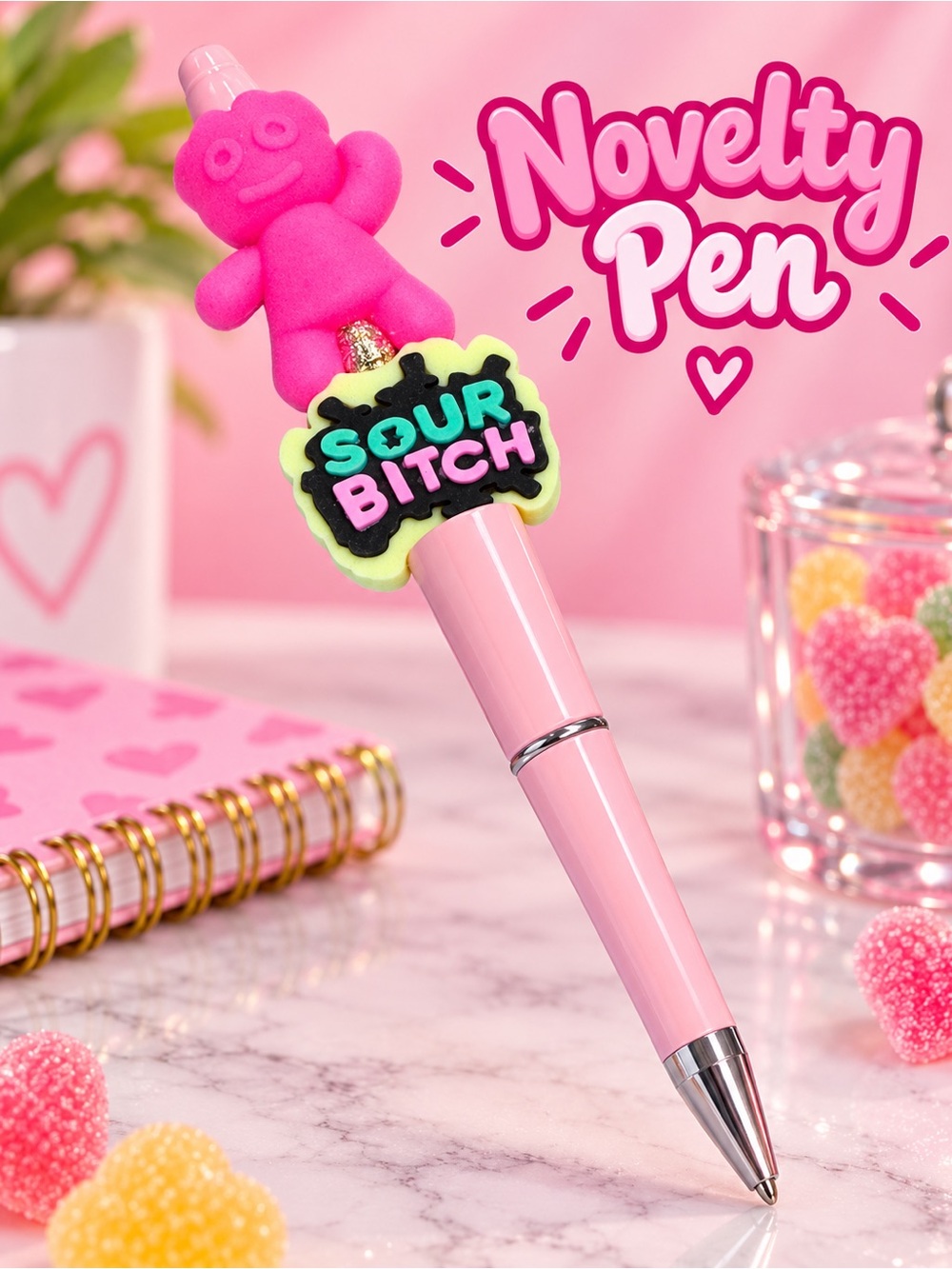 Sour Btch Pink Novelty Gel Pen with Playful Candy Topper - Sour Accent